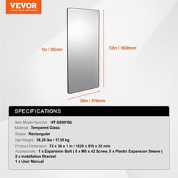image-VEVOR Wall Mounted Makeup Mirror, 0.15" Thick, 36" x 72" Mirror with Aluminium Alloy Frame & Explosion-Proof Film, Scratch-Resistant Mirror with Z-Shaped Bracket, Fit for Bathroom/Bedroom/Living Room