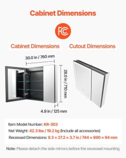 image-VEVOR Lighted Medicine Cabinet with Mirror, 30 x 28 in Recessed or Wall Mount, 3 Color Dimmable LED Bathroom Medicine Cabinet with HD Tempered Glass Mirror, Adjustable Shelves, Memory Defog Function