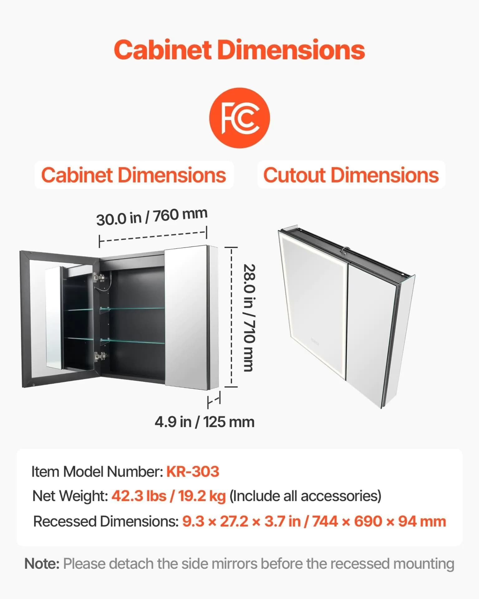 image-VEVOR Lighted Medicine Cabinet with Mirror, 30 x 28 in Recessed or Wall Mount, 3 Color Dimmable LED Bathroom Medicine Cabinet with HD Tempered Glass Mirror, Adjustable Shelves, Memory Defog Function