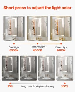 image-VEVOR Lighted Medicine Cabinet with Mirror, 30 x 28 in Recessed or Wall Mount, 3 Color Dimmable LED Bathroom Medicine Cabinet with HD Tempered Glass Mirror, Adjustable Shelves, Memory Defog Function