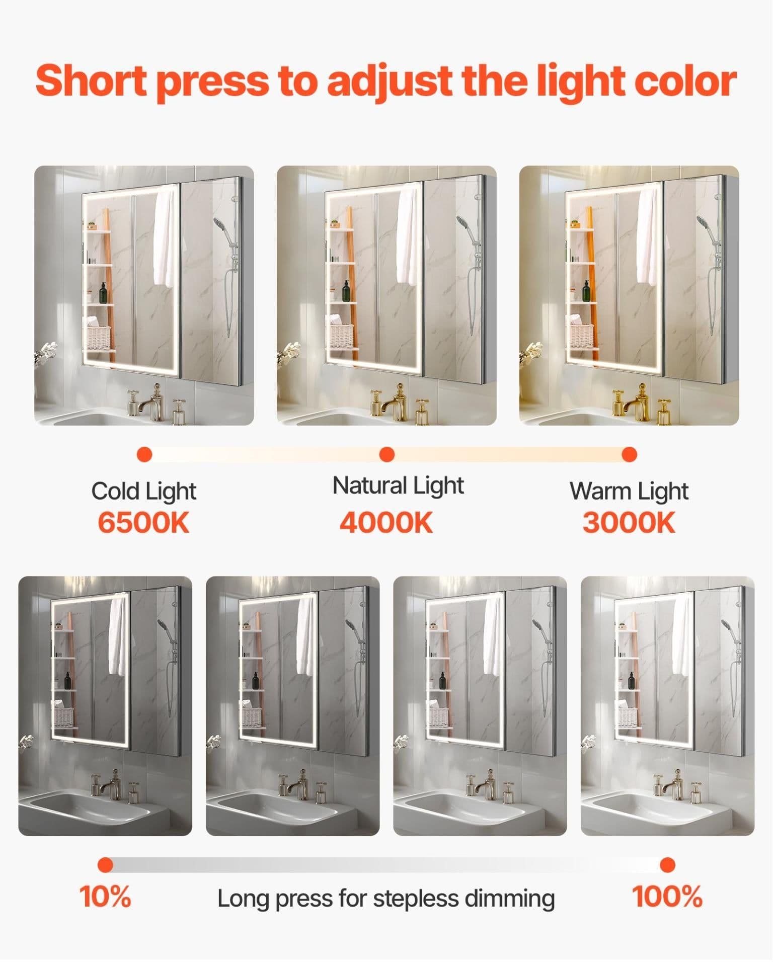 image-VEVOR Lighted Medicine Cabinet with Mirror, 30 x 28 in Recessed or Wall Mount, 3 Color Dimmable LED Bathroom Medicine Cabinet with HD Tempered Glass Mirror, Adjustable Shelves, Memory Defog Function