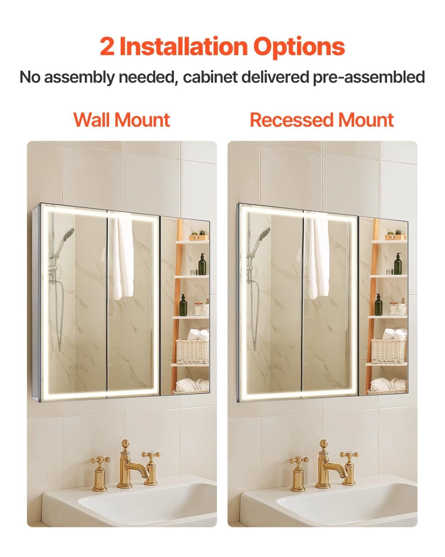image-VEVOR Lighted Medicine Cabinet with Mirror, 30 x 28 in Recessed or Wall Mount, 3 Color Dimmable LED Bathroom Medicine Cabinet with HD Tempered Glass Mirror, Adjustable Shelves, Memory Defog Function