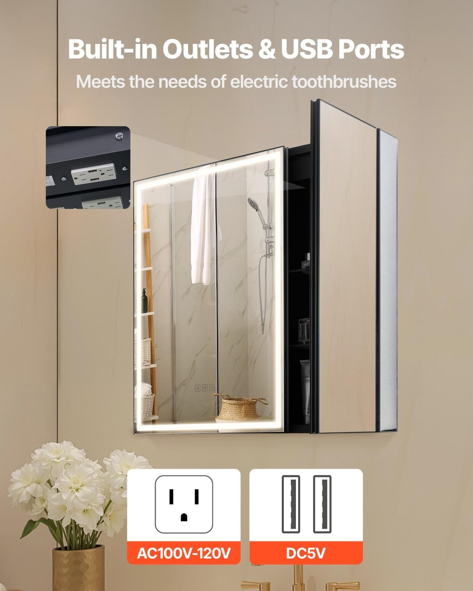 image-VEVOR Lighted Medicine Cabinet with Mirror, 30 x 28 in Recessed or Wall Mount, 3 Color Dimmable LED Bathroom Medicine Cabinet with HD Tempered Glass Mirror, Adjustable Shelves, Memory Defog Function