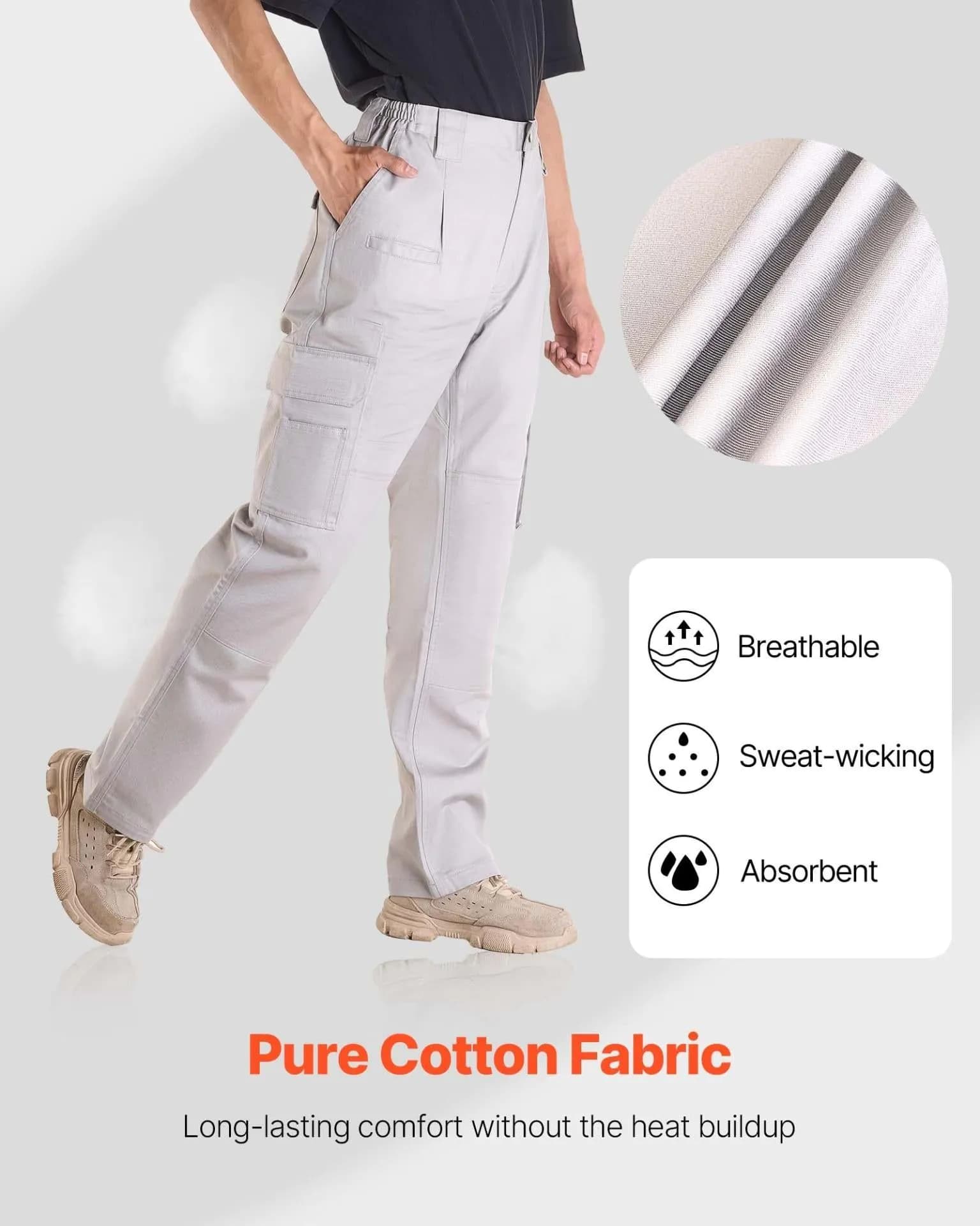 image-VEVOR FR Pants for Men, 9 oz 100% Cotton, Flame-Resistant Cargo Pants with Multi-Pockets and Elastic Waist, Reinforced Tear-proof Stitching, Ideal for Welding Work and Casual Wear, L Size, Gray