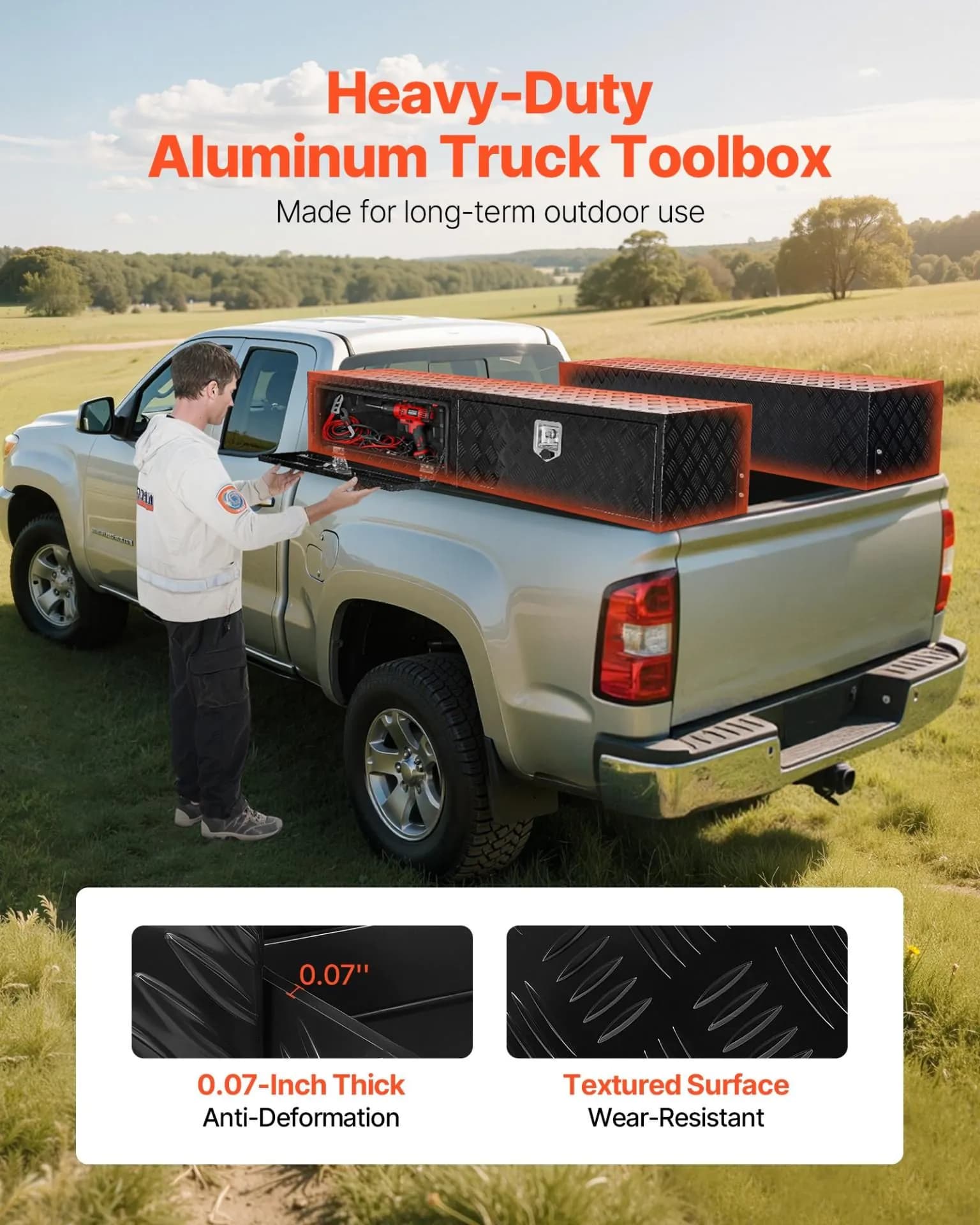 image-VEVOR Truck Tool Box, 72 x 13 x 16 Inch, Black Aluminum Tread Topsider Toolbox with Dual Drop Doors, Heavy Duty Lockable Storage and Organization Box with Latch, Corrosion-Resistant, for Truck Bed