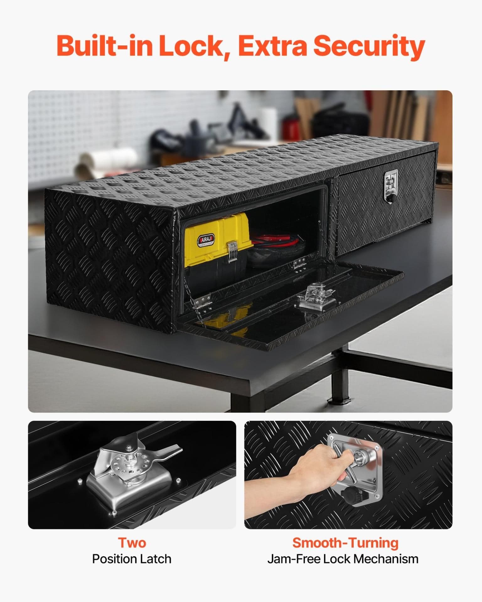 image-VEVOR Truck Tool Box, 72 x 13 x 16 Inch, Black Aluminum Tread Topsider Toolbox with Dual Drop Doors, Heavy Duty Lockable Storage and Organization Box with Latch, Corrosion-Resistant, for Truck Bed