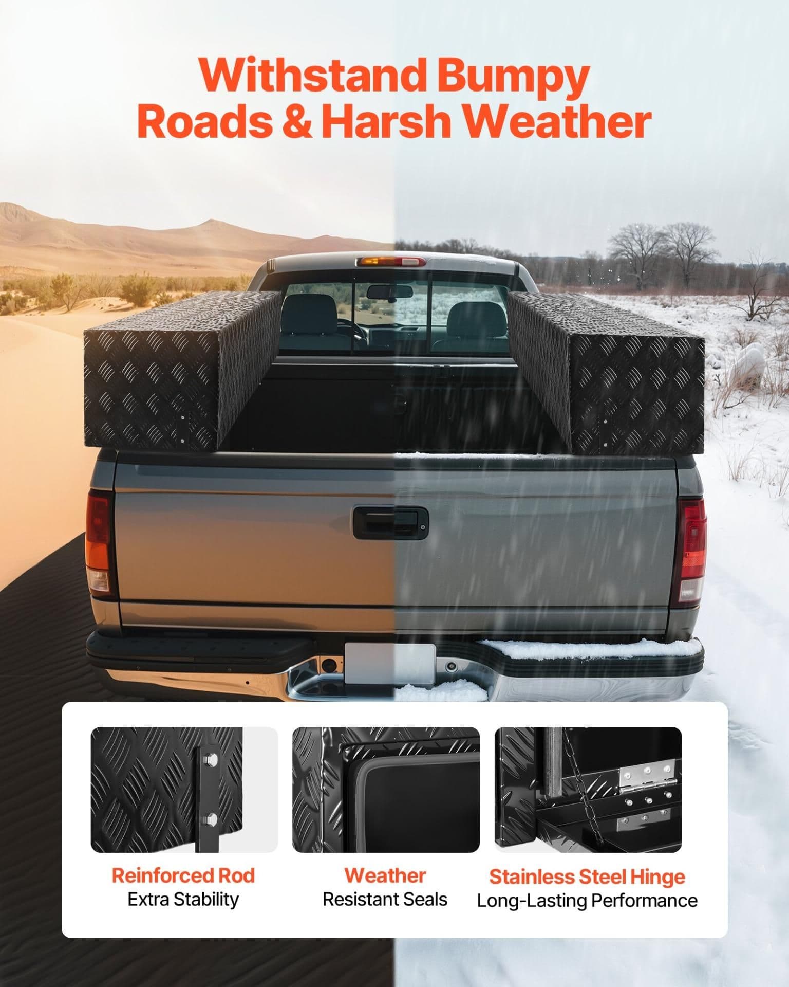 image-VEVOR Truck Tool Box, 72 x 13 x 16 Inch, Black Aluminum Tread Topsider Toolbox with Dual Drop Doors, Heavy Duty Lockable Storage and Organization Box with Latch, Corrosion-Resistant, for Truck Bed
