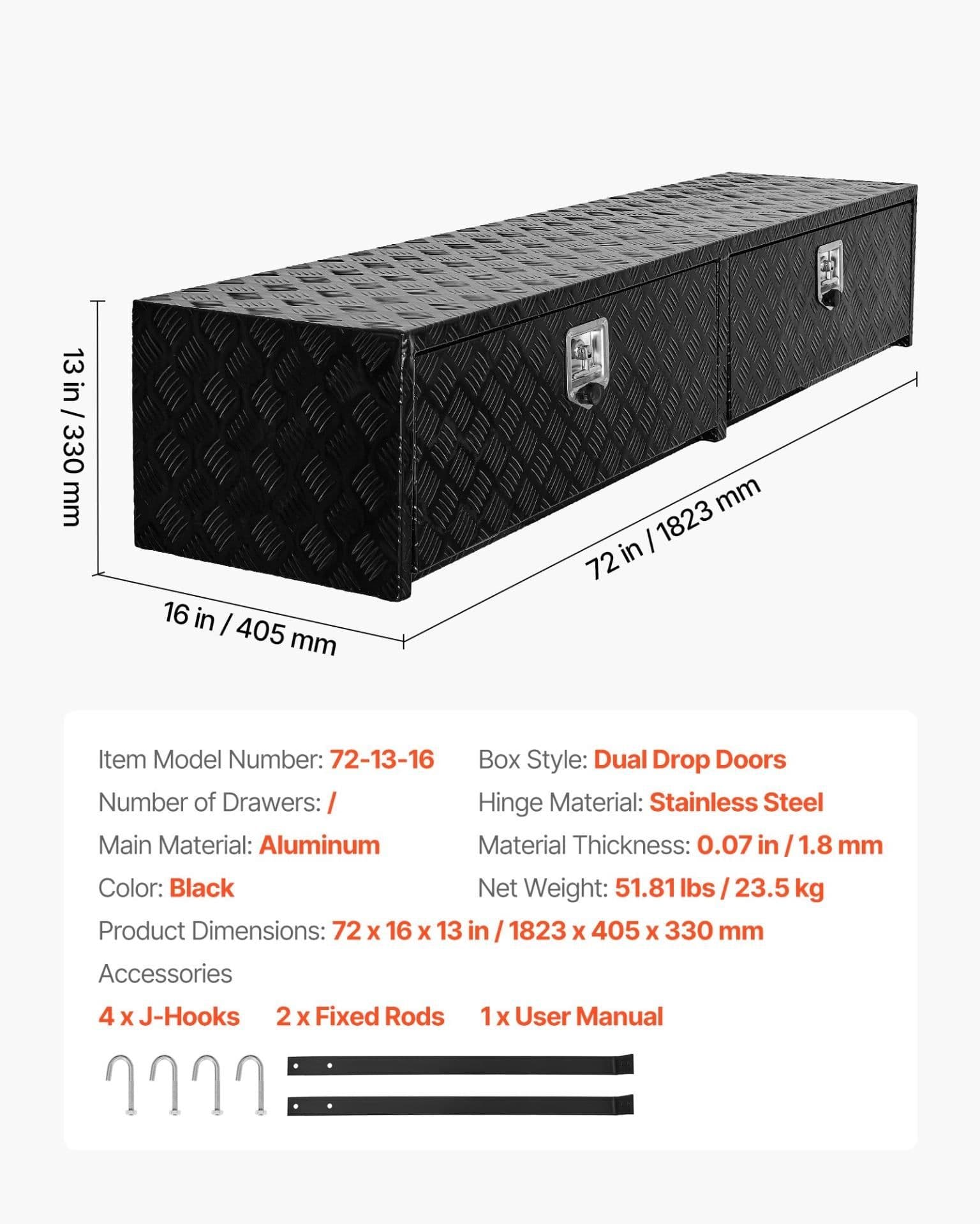 image-VEVOR Truck Tool Box, 72 x 13 x 16 Inch, Black Aluminum Tread Topsider Toolbox with Dual Drop Doors, Heavy Duty Lockable Storage and Organization Box with Latch, Corrosion-Resistant, for Truck Bed