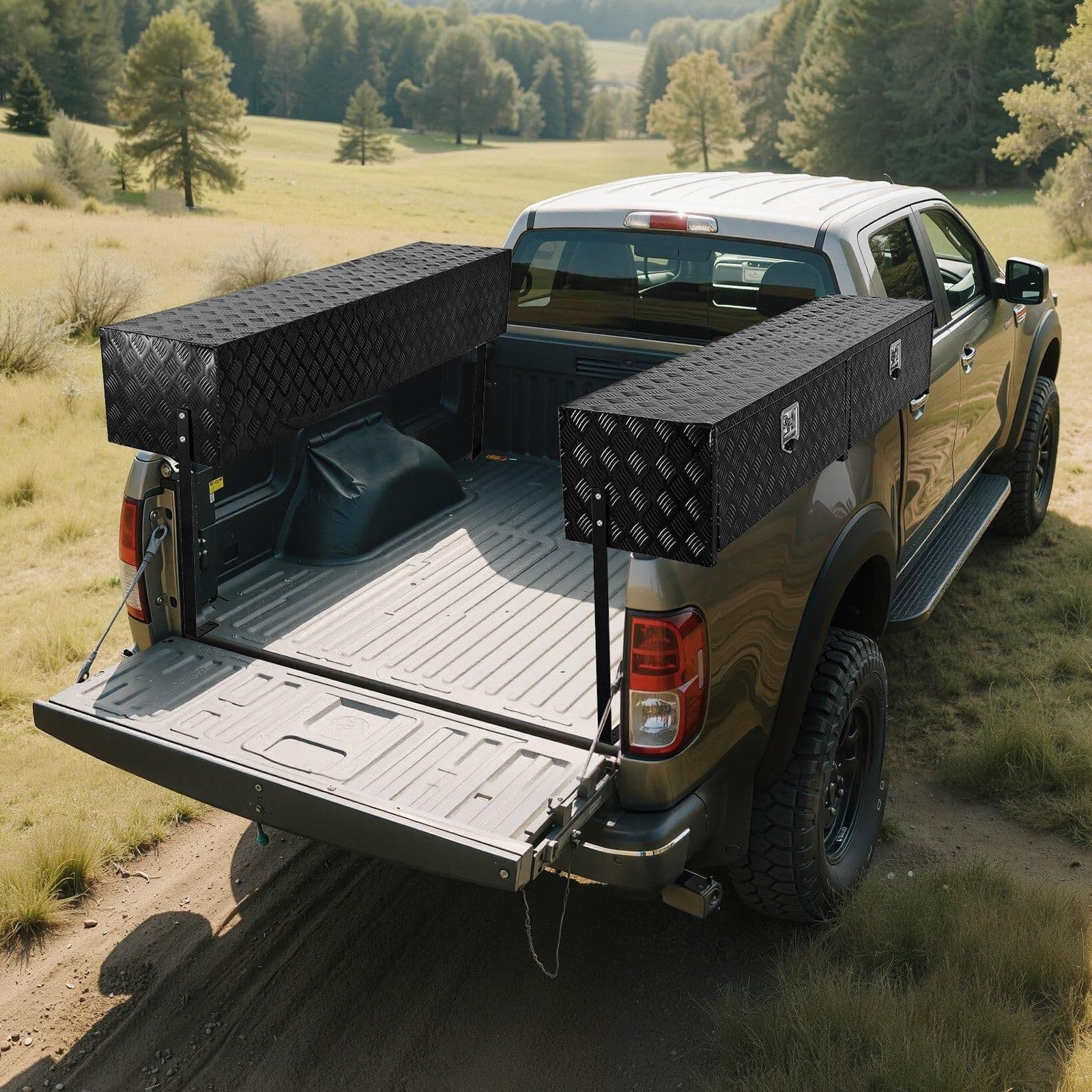 image-VEVOR Truck Tool Box, 72 x 13 x 16 Inch, Black Aluminum Tread Topsider Toolbox with Dual Drop Doors, Heavy Duty Lockable Storage and Organization Box with Latch, Corrosion-Resistant, for Truck Bed