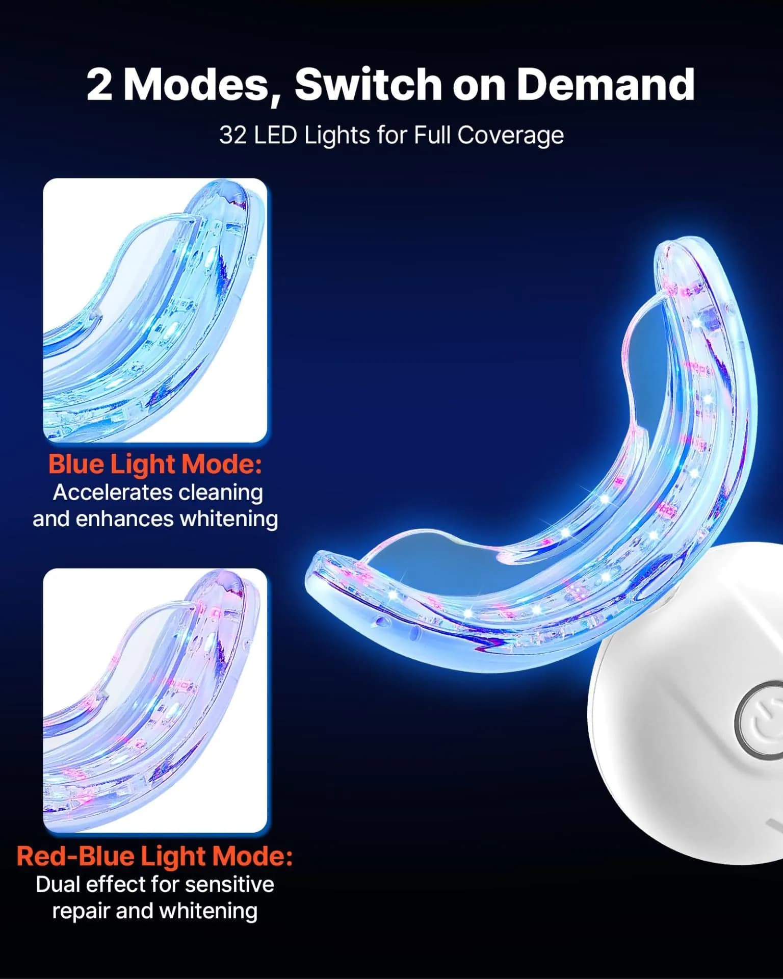 image-VEVOR Teeth Whitening Kit with LED Light, 32 LED Accelerator Lights, Whitening Strips, Pens and Gel Syringes, U-Shaped Tray, Wireless Portable Kit Fast and Effectively Removes Stubborn Stains