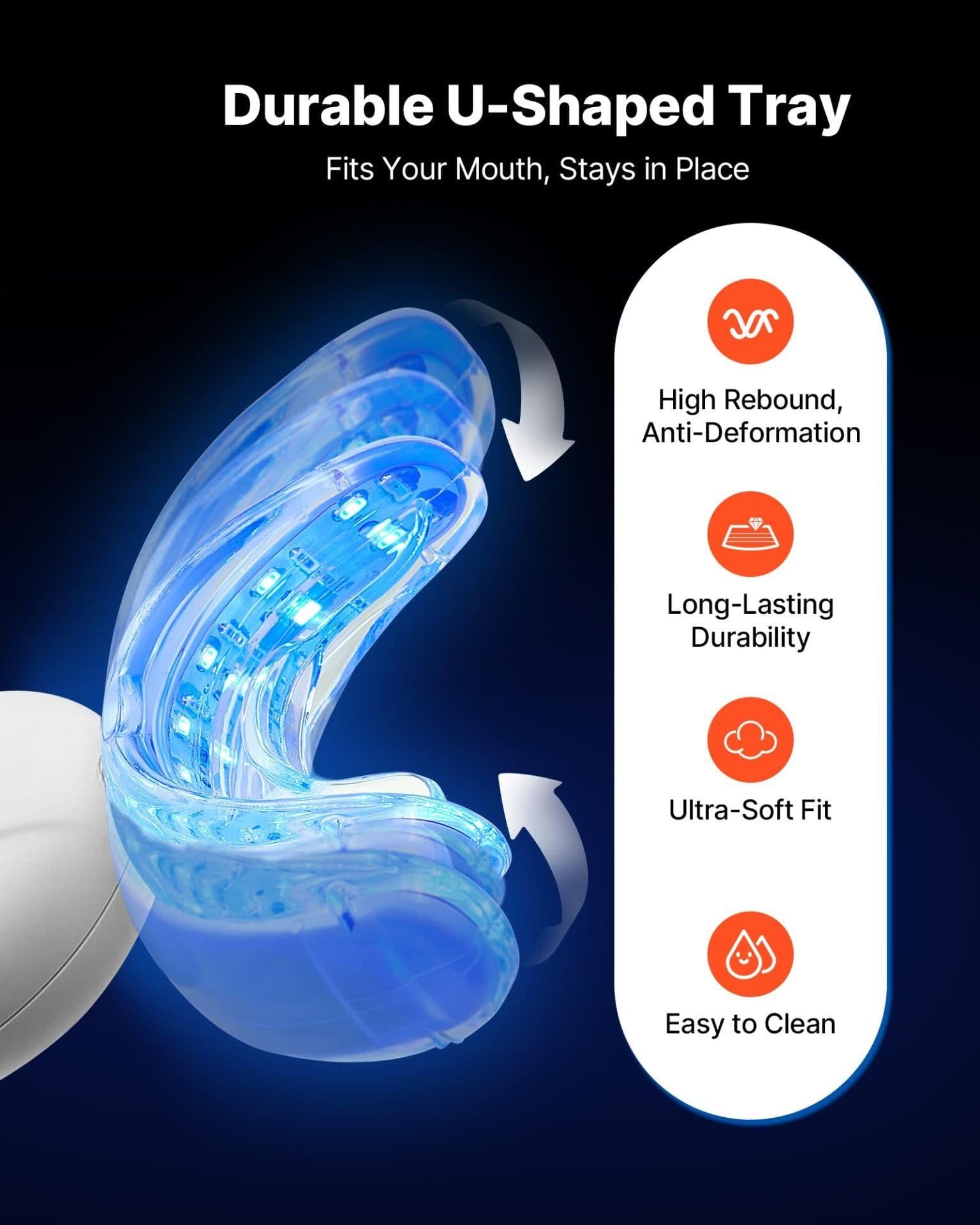 image-VEVOR Teeth Whitening Kit with LED Light, 32 LED Accelerator Lights, Whitening Strips, Pens and Gel Syringes, U-Shaped Tray, Wireless Portable Kit Fast and Effectively Removes Stubborn Stains