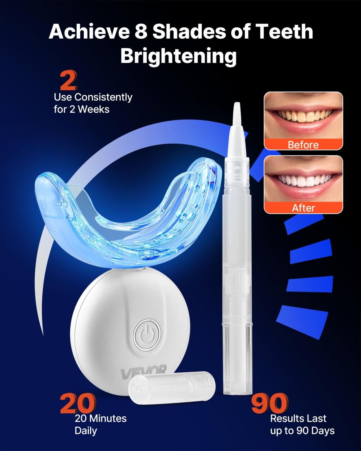 image-VEVOR Teeth Whitening Kit with LED Light, 32 LED Accelerator Lights, Whitening Strips, Pens and Gel Syringes, U-Shaped Tray, Wireless Portable Kit Fast and Effectively Removes Stubborn Stains