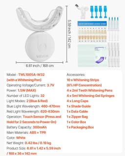 image-VEVOR Teeth Whitening Kit with LED Light, 32 LED Accelerator Lights, Whitening Strips, Pens and Gel Syringes, U-Shaped Tray, Wireless Portable Kit Fast and Effectively Removes Stubborn Stains