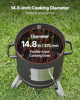 image-VEVOR Charcoal Smoker, 16" Vertical Charcoal BBQ Grill, Coated Steel Barbecue Smoker with 2 Grilling Grates, Thermometer, Air Vents & Removable Ash Tray, Ideal for Backyard Patio Parties Cooking