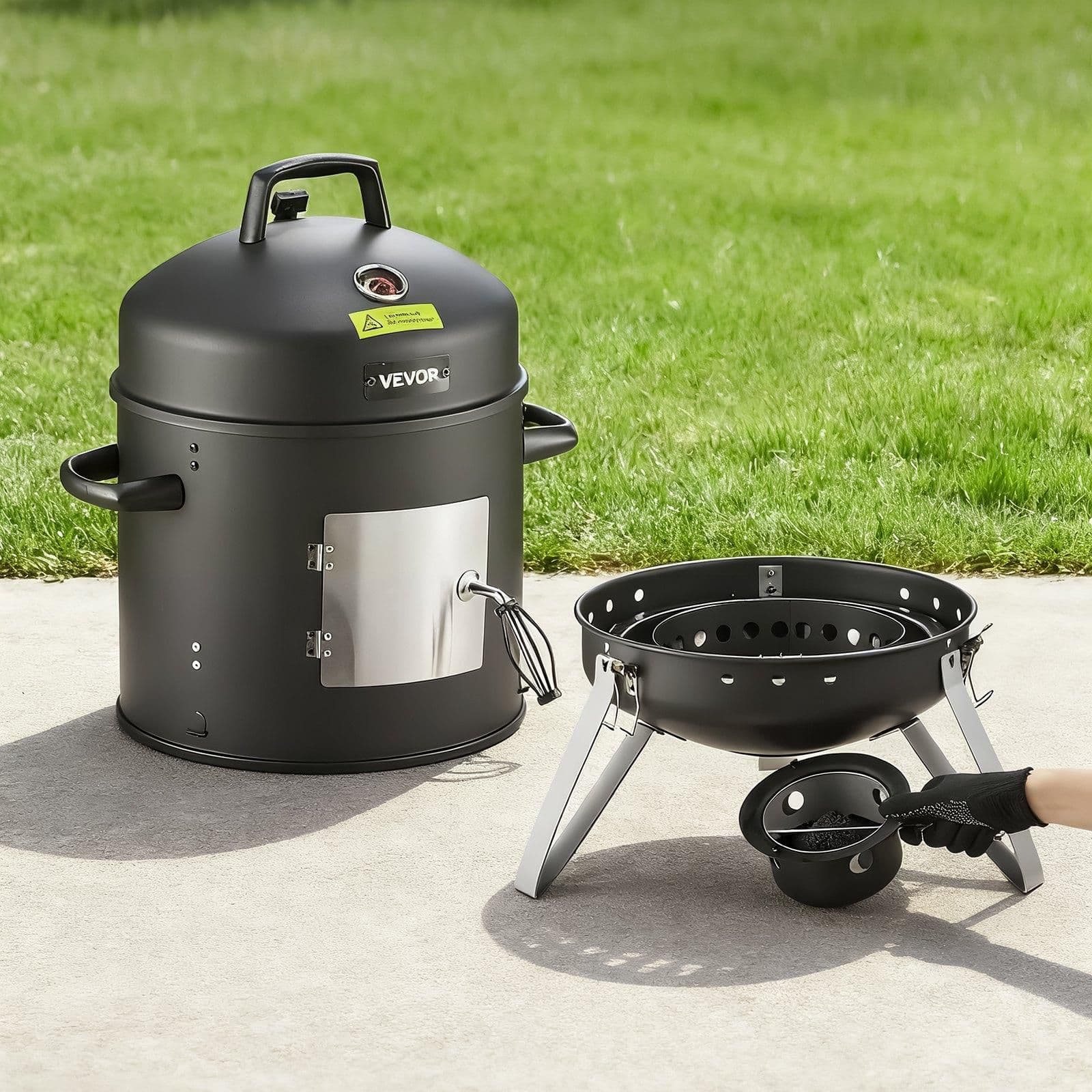 image-VEVOR Charcoal Smoker, 16" Vertical Charcoal BBQ Grill, Coated Steel Barbecue Smoker with 2 Grilling Grates, Thermometer, Air Vents & Removable Ash Tray, Ideal for Backyard Patio Parties Cooking