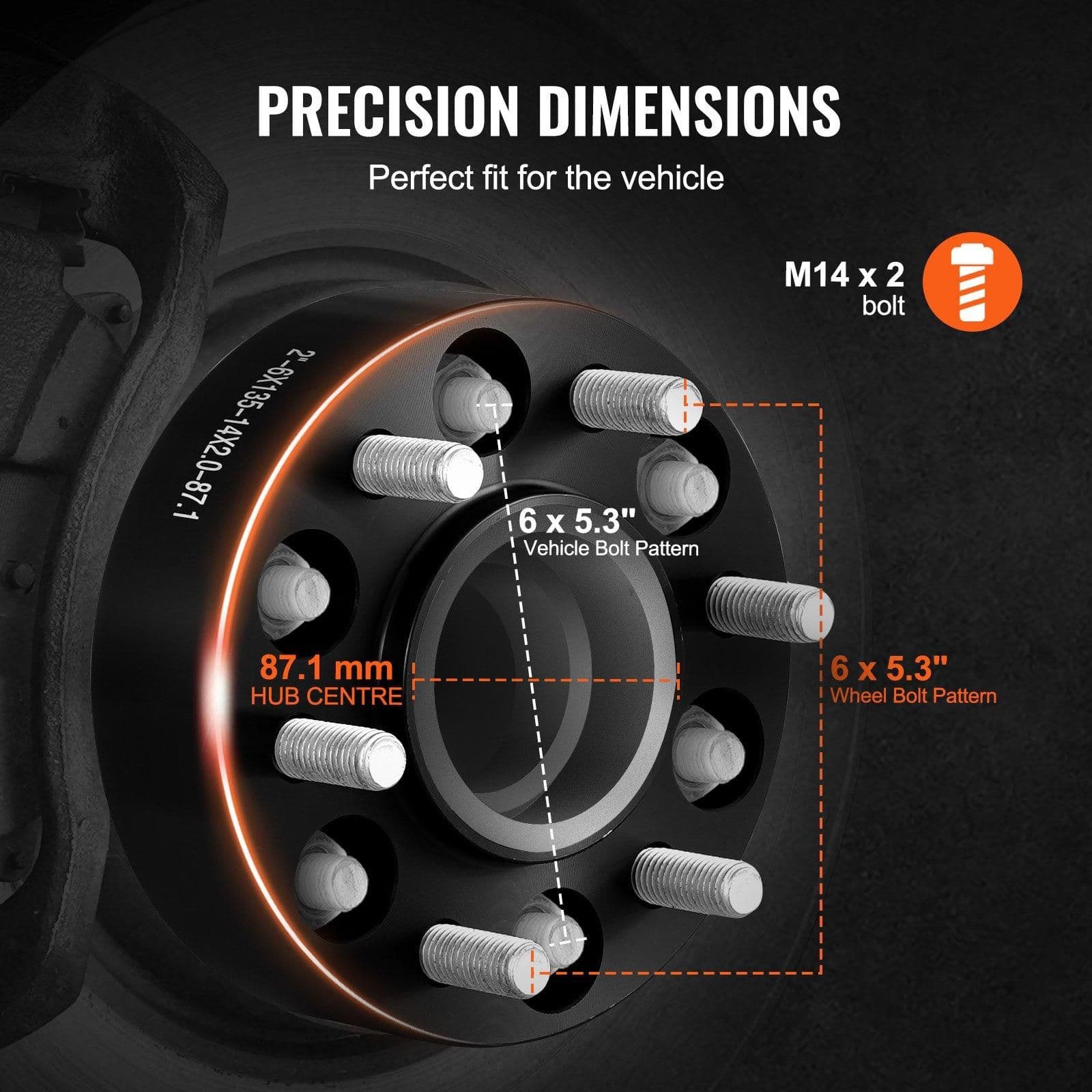 image-VEVOR Wheel Spacers, 2" 6"x5.3" Wheel Adapters, 6 Lug Forged Spacer, 87.1 mm Bore Hubcentric M14 x2 Studs Spacers, Fit for Ford Expedition, F150, Lincoln Navigator, 4 PCS Black