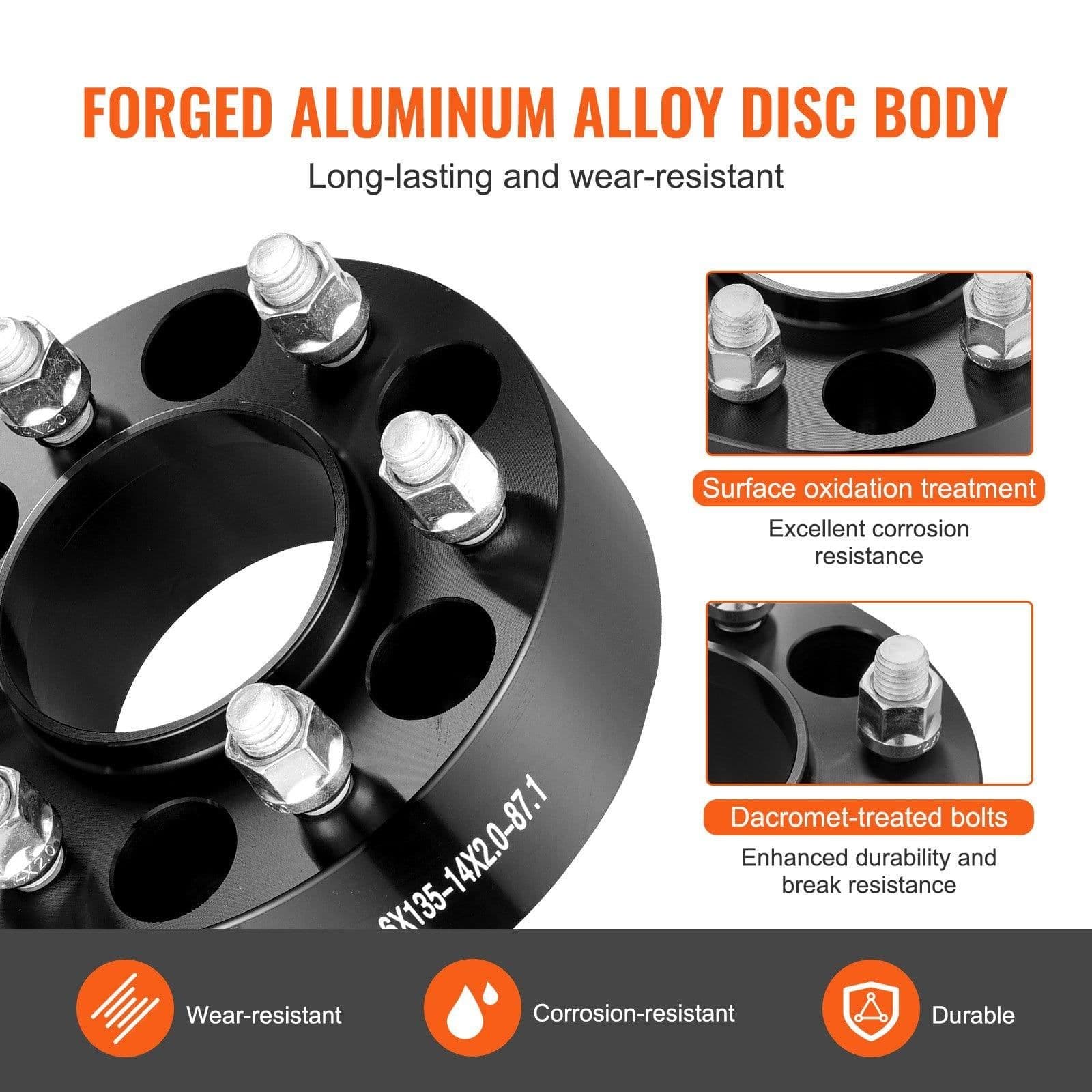 image-VEVOR Wheel Spacers, 2" 6"x5.3" Wheel Adapters, 6 Lug Forged Spacer, 87.1 mm Bore Hubcentric M14 x2 Studs Spacers, Fit for Ford Expedition, F150, Lincoln Navigator, 4 PCS Black