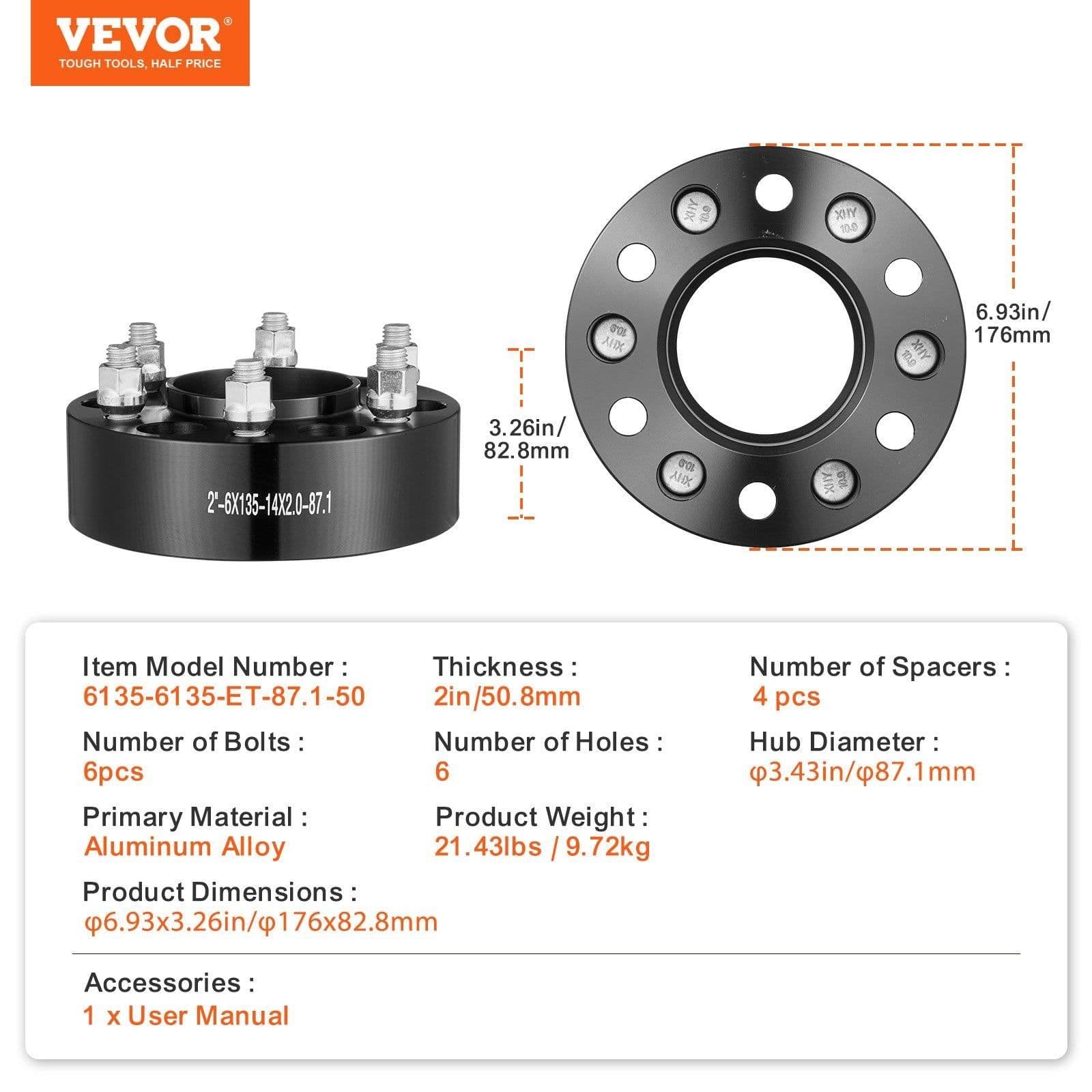 image-VEVOR Wheel Spacers, 2" 6"x5.3" Wheel Adapters, 6 Lug Forged Spacer, 87.1 mm Bore Hubcentric M14 x2 Studs Spacers, Fit for Ford Expedition, F150, Lincoln Navigator, 4 PCS Black
