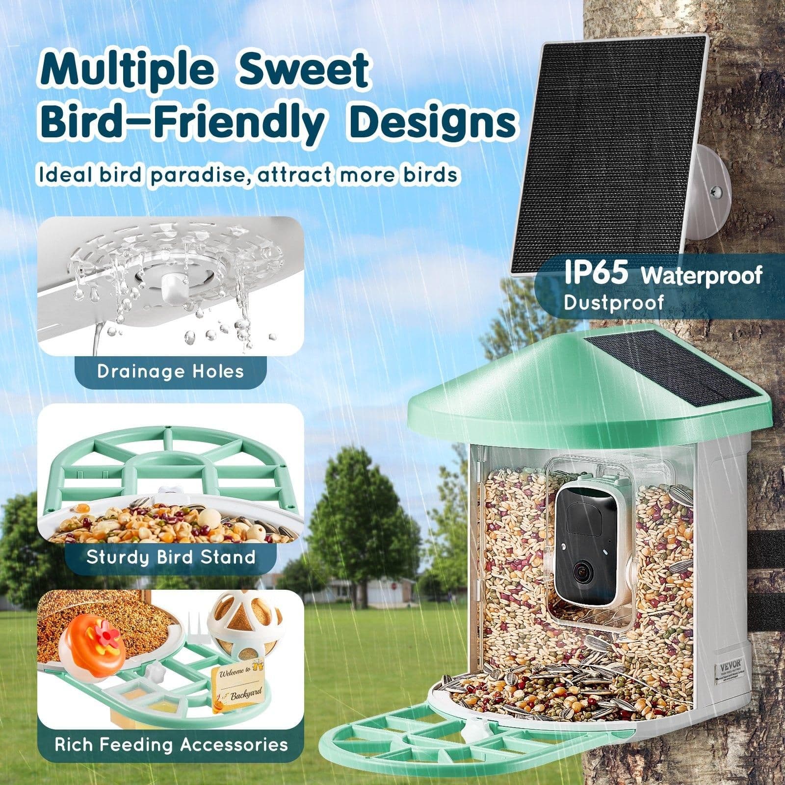 image-VEVOR Smart Bird Feeder with Camera, 2K HD AI Identify 10000+ Bird Species, Solar-Powered Bird Watching Camera with Auto Capture & Instant Notify, Wireless Outdoor Gift for Bird Lover (3 Solar Panels)