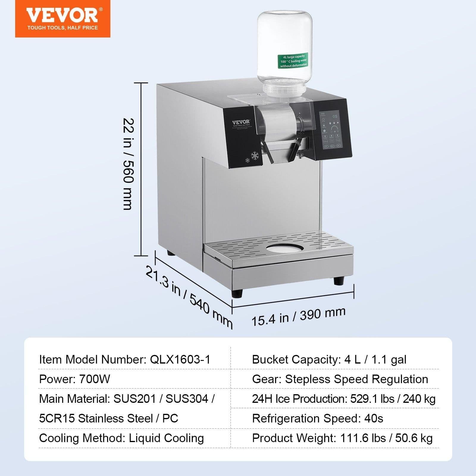 image-VEVOR Commercial Snowflake Ice Machine, 529.1LBS/24H Snowflake Ice Maker, Stainless Steel Ice Shaver Machine, Electric Snow Cone Maker, Liquid Cooling System for Rapid Heat Dissipation, Ice Cream