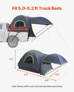image-VEVOR Pickup Truck Tent, Fits 5.0-5.2 ft Truck Tents for Camping, Waterproof PU2000 mm 2-3 Person Sleeping Truck Bed Tent, Sturdy Truck Bed Camper Shell with Expandable Awning, Rainfly, Storage Bag