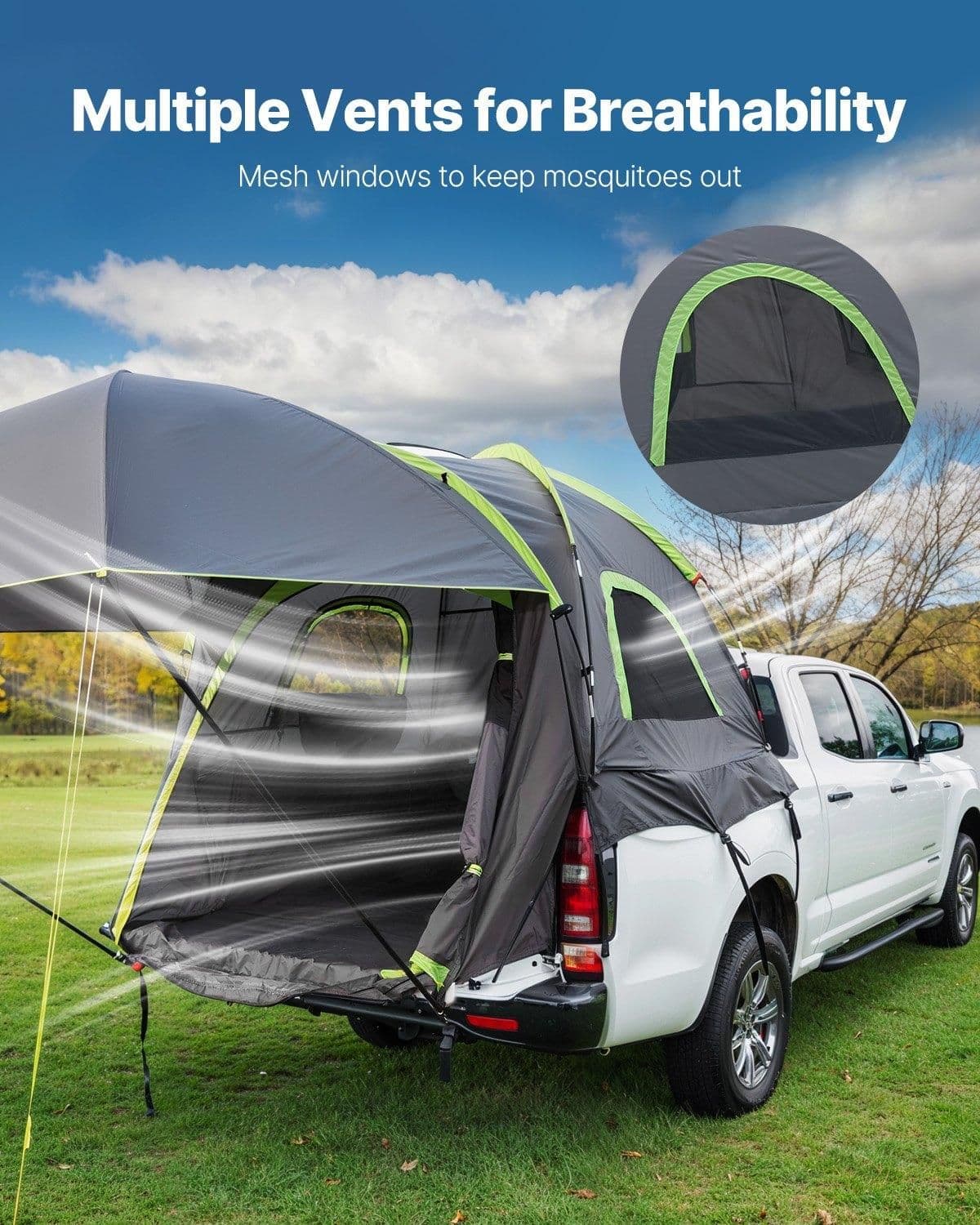 image-VEVOR Pickup Truck Tent, Fits 5.0-5.2 ft Truck Tents for Camping, Waterproof PU2000 mm 2-3 Person Sleeping Truck Bed Tent, Sturdy Truck Bed Camper Shell with Expandable Awning, Rainfly, Storage Bag