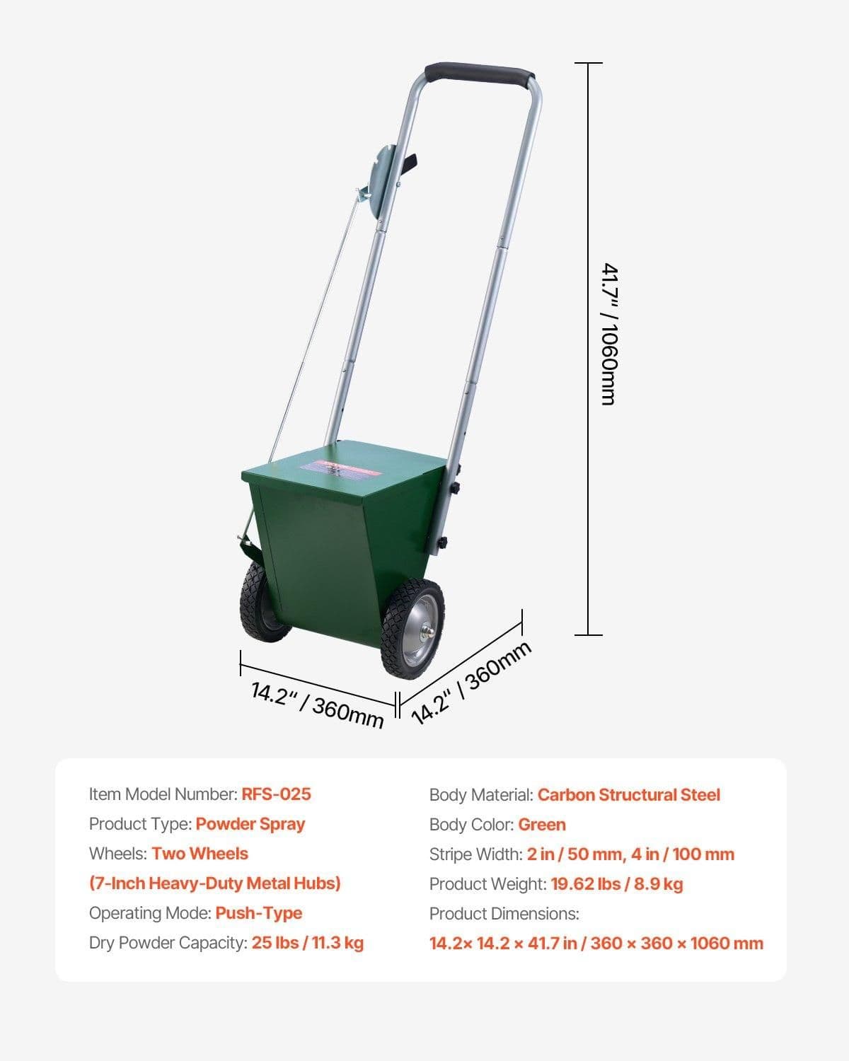 image-VEVOR Dry Line Marker, 2-Wheel, 2 or 4 in Lines, Field Dry Line Chalker, Adjustable Line Marker, with Rubber Adjustment Handle, 25 lbs Large Powder Capacity, for Baseball and Softball Infield, Green