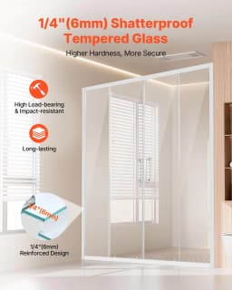 image-VEVOR Semi-frameless Shower Door, 57.8-59 W x 70 H in, Double Sliding Glass Door with 1/4 in(6mm) Clear Tempered Glass, Waterproof Shatterproof NANO Stainproof with Stainless Steel Hardware, Chrome