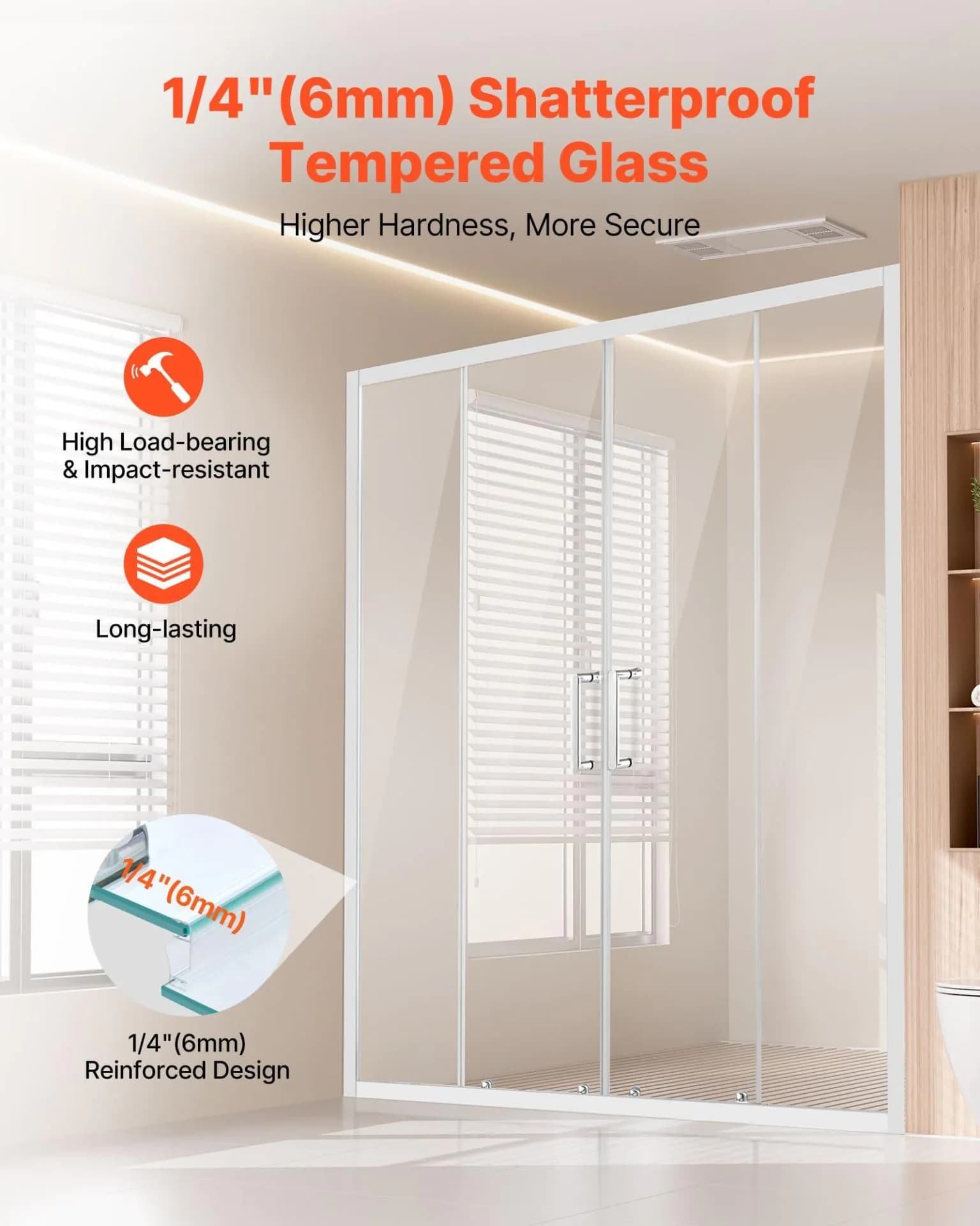 image-VEVOR Semi-frameless Shower Door, 57.8-59 W x 70 H in, Double Sliding Glass Door with 1/4 in(6mm) Clear Tempered Glass, Waterproof Shatterproof NANO Stainproof with Stainless Steel Hardware, Chrome