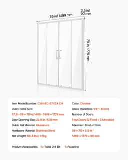 image-VEVOR Semi-frameless Shower Door, 57.8-59 W x 70 H in, Double Sliding Glass Door with 1/4 in(6mm) Clear Tempered Glass, Waterproof Shatterproof NANO Stainproof with Stainless Steel Hardware, Chrome