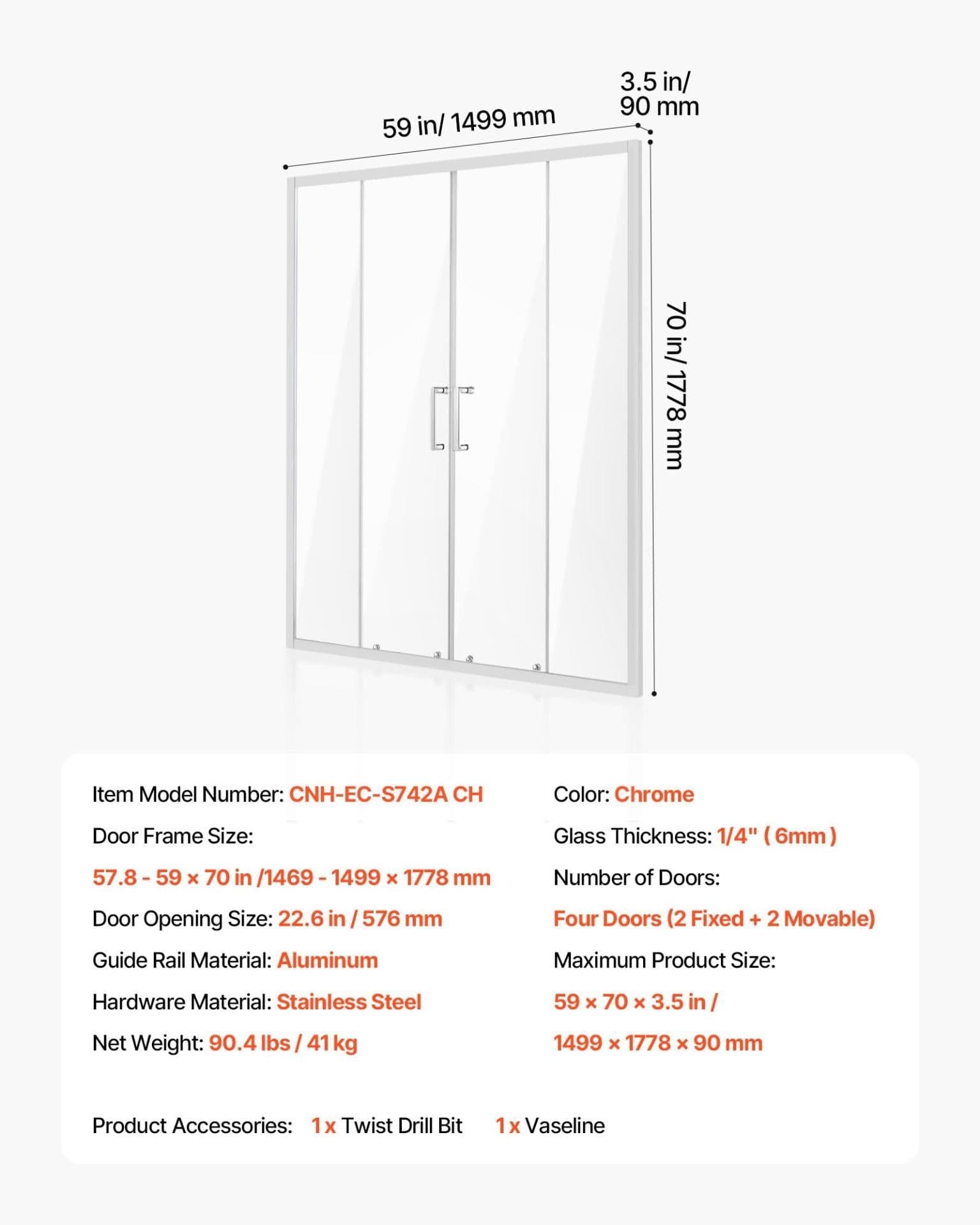 image-VEVOR Semi-frameless Shower Door, 57.8-59 W x 70 H in, Double Sliding Glass Door with 1/4 in(6mm) Clear Tempered Glass, Waterproof Shatterproof NANO Stainproof with Stainless Steel Hardware, Chrome