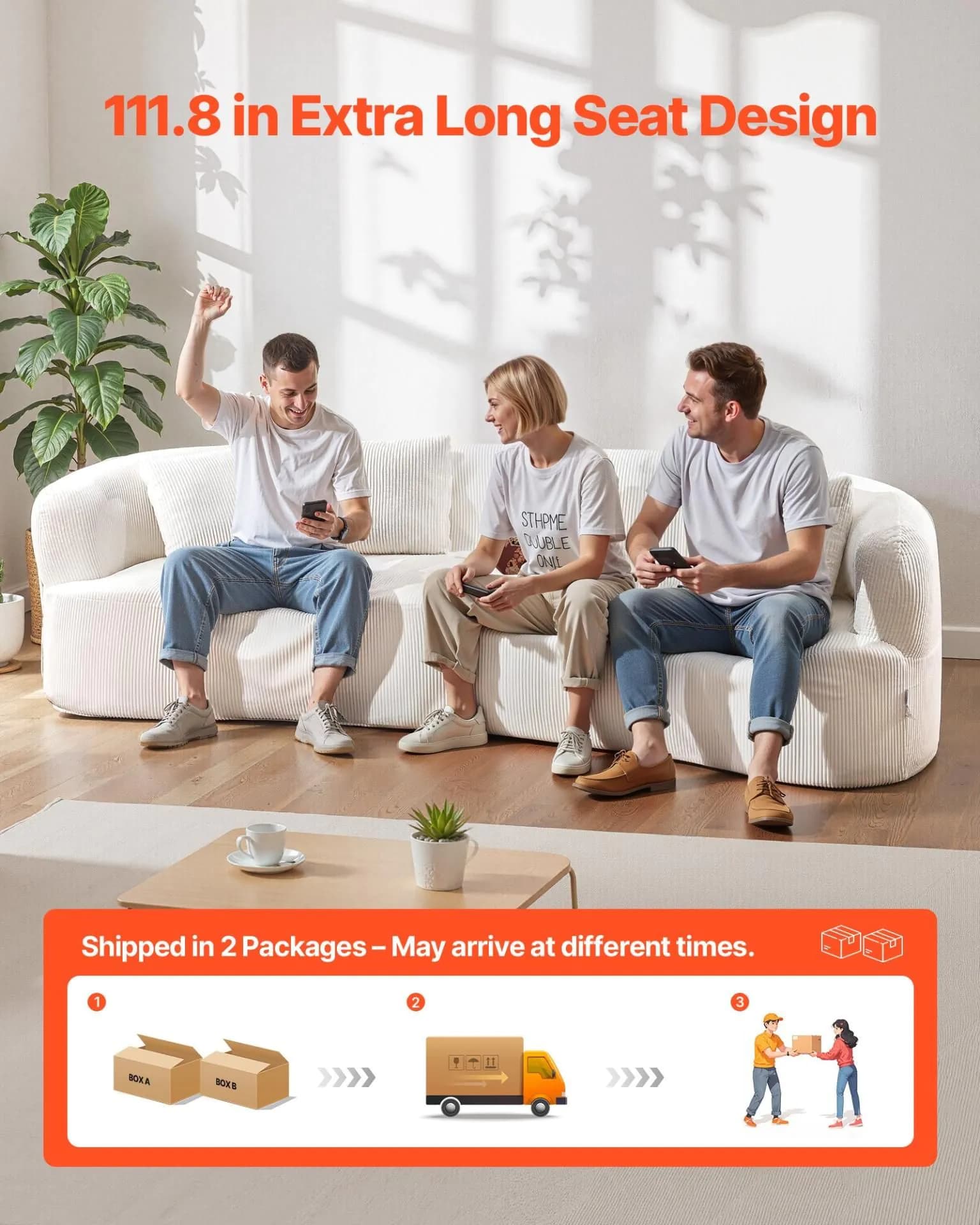 image-VEVOR Luxury Modern Cloud Plush Sectional Sofa, 112" Curved Modular Couch with 4 Pillows - Oversized Deep Seat Corduroy Fabric for Living Room, Apartment, Office, No Assembly Needed, White