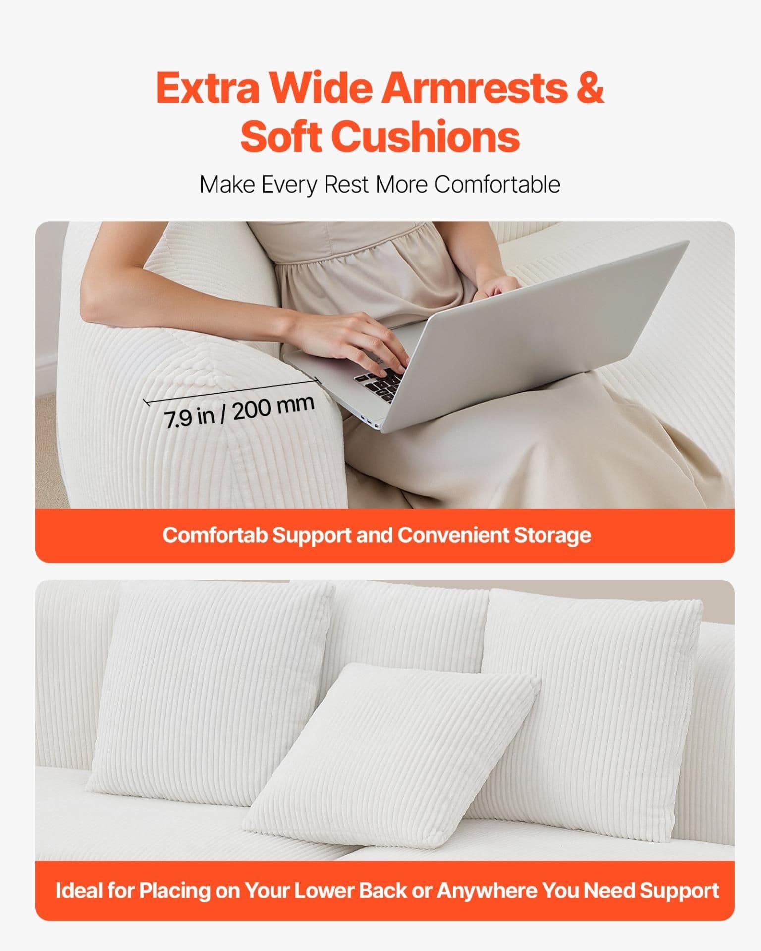 image-VEVOR Luxury Modern Cloud Plush Sectional Sofa, 112" Curved Modular Couch with 4 Pillows - Oversized Deep Seat Corduroy Fabric for Living Room, Apartment, Office, No Assembly Needed, White