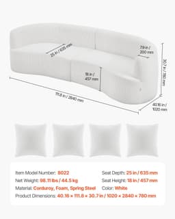 image-VEVOR Luxury Modern Cloud Plush Sectional Sofa, 112" Curved Modular Couch with 4 Pillows - Oversized Deep Seat Corduroy Fabric for Living Room, Apartment, Office, No Assembly Needed, White