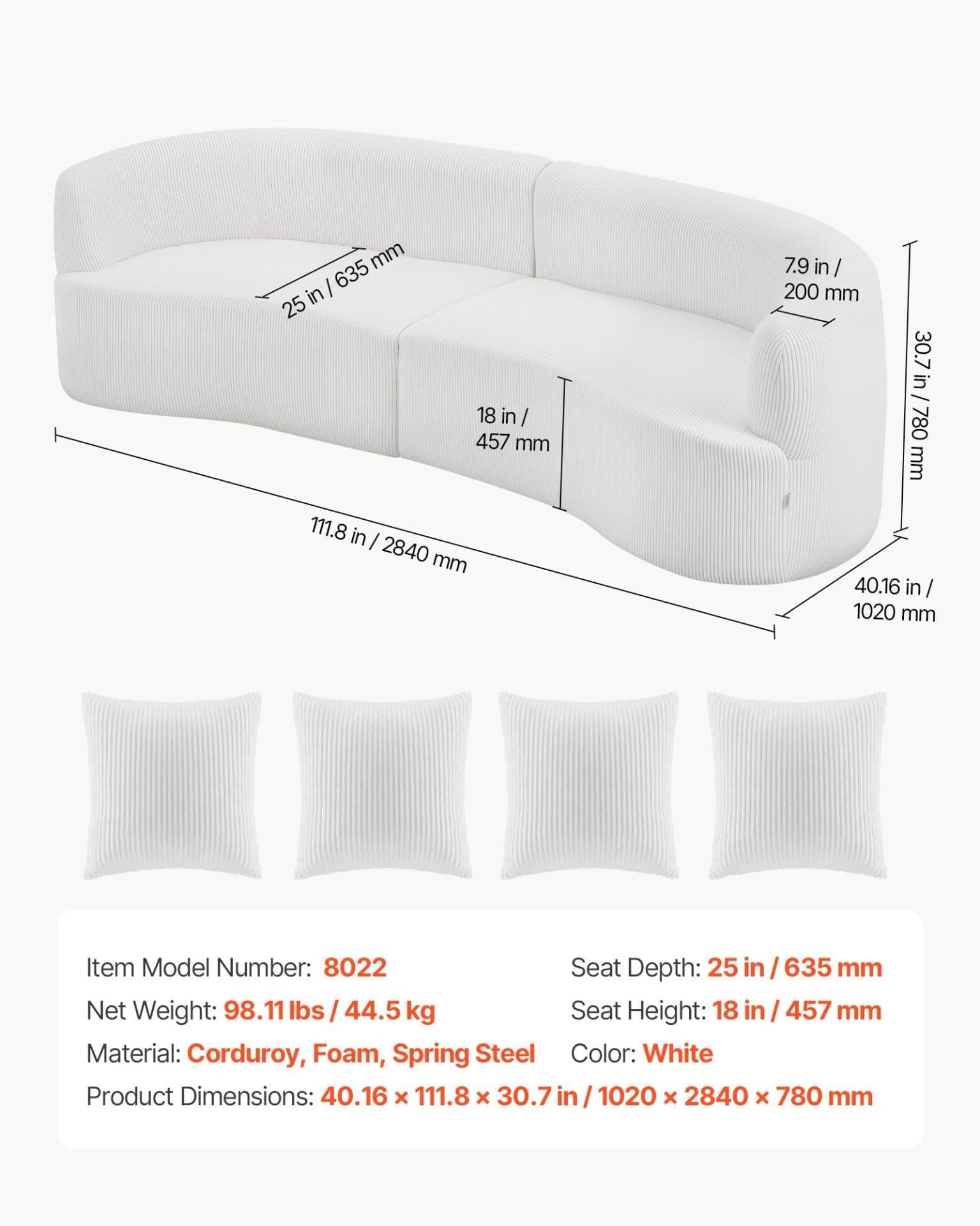 image-VEVOR Luxury Modern Cloud Plush Sectional Sofa, 112" Curved Modular Couch with 4 Pillows - Oversized Deep Seat Corduroy Fabric for Living Room, Apartment, Office, No Assembly Needed, White