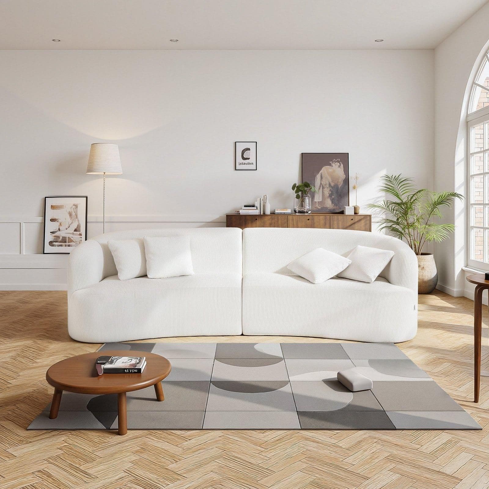 image-VEVOR Luxury Modern Cloud Plush Sectional Sofa, 112" Curved Modular Couch with 4 Pillows - Oversized Deep Seat Corduroy Fabric for Living Room, Apartment, Office, No Assembly Needed, White