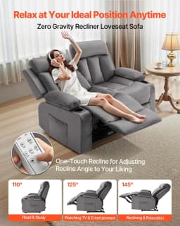 image-VEVOR Loveseat Recliner Sofa, Power Reclining Couch with Heating and Massage, Soft Velvet Electric Recliner Sofa with USB Ports, Cup Holders andSideBags, Dual Loveseat Chair for Living Room, Grey