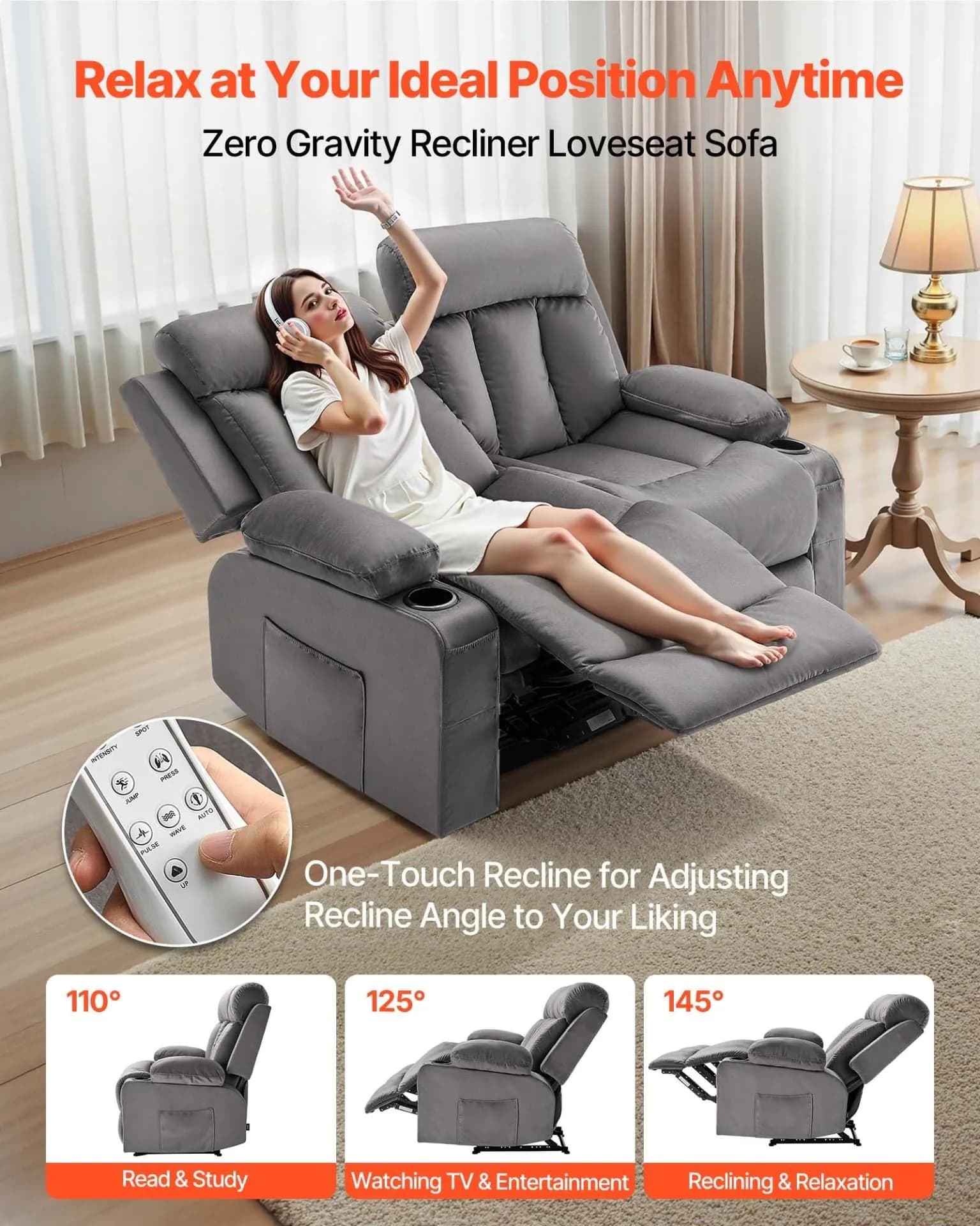 image-VEVOR Loveseat Recliner Sofa, Power Reclining Couch with Heating and Massage, Soft Velvet Electric Recliner Sofa with USB Ports, Cup Holders andSideBags, Dual Loveseat Chair for Living Room, Grey