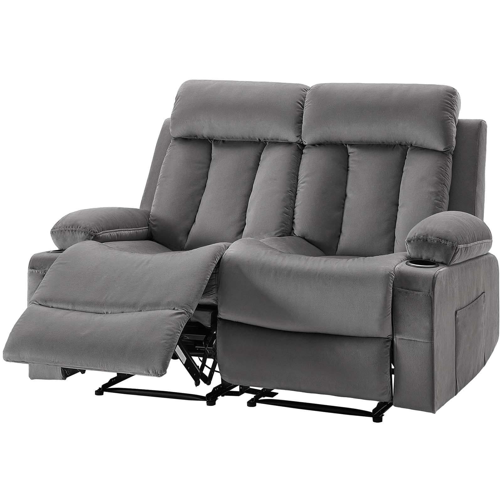 image-VEVOR Loveseat Recliner Sofa, Power Reclining Couch with Heating and Massage, Soft Velvet Electric Recliner Sofa with USB Ports, Cup Holders andSideBags, Dual Loveseat Chair for Living Room, Grey