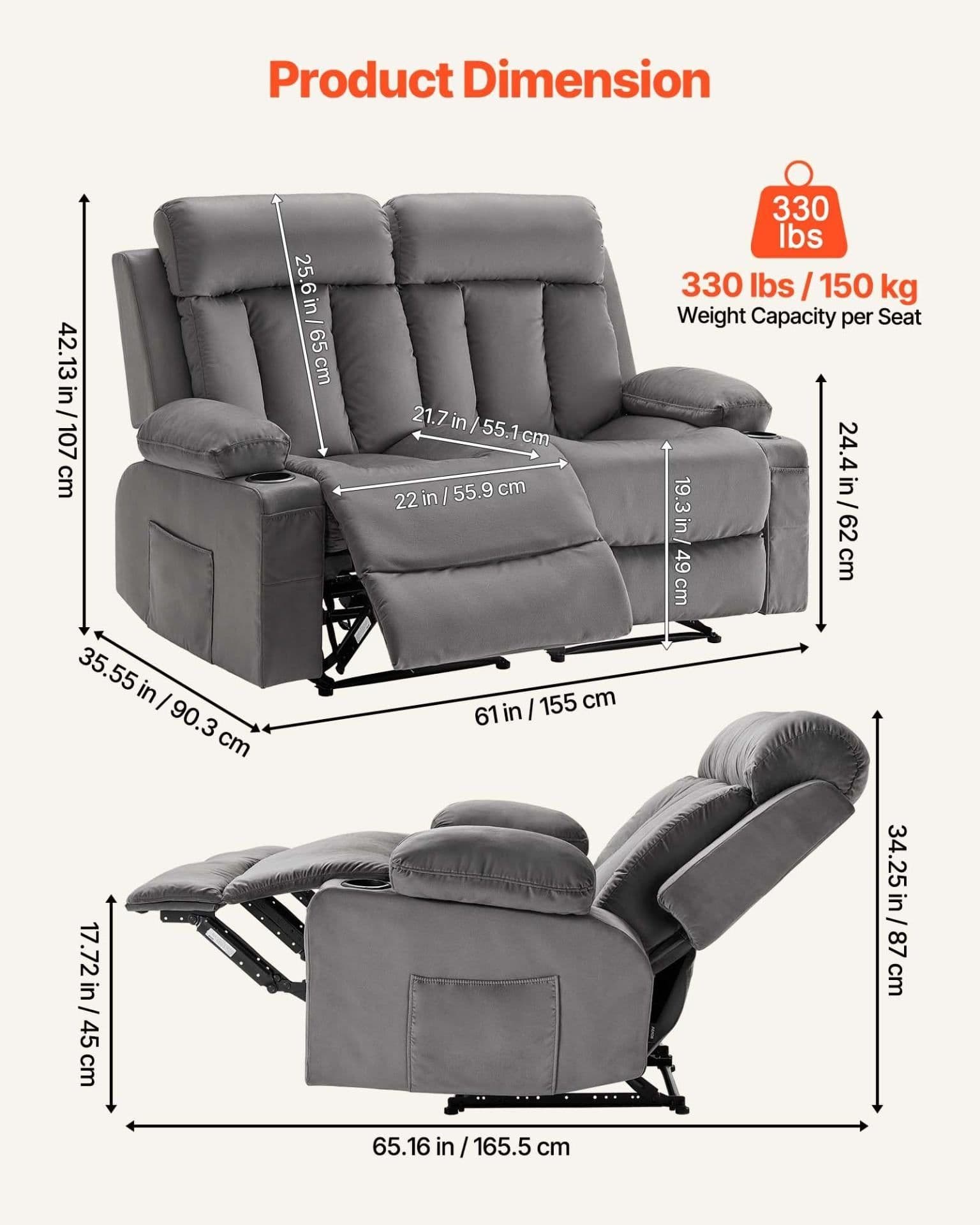 image-VEVOR Loveseat Recliner Sofa, Power Reclining Couch with Heating and Massage, Soft Velvet Electric Recliner Sofa with USB Ports, Cup Holders andSideBags, Dual Loveseat Chair for Living Room, Grey