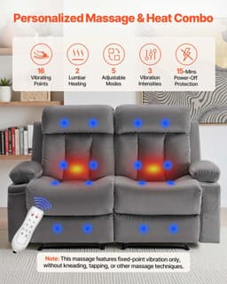 image-VEVOR Loveseat Recliner Sofa, Power Reclining Couch with Heating and Massage, Soft Velvet Electric Recliner Sofa with USB Ports, Cup Holders andSideBags, Dual Loveseat Chair for Living Room, Grey