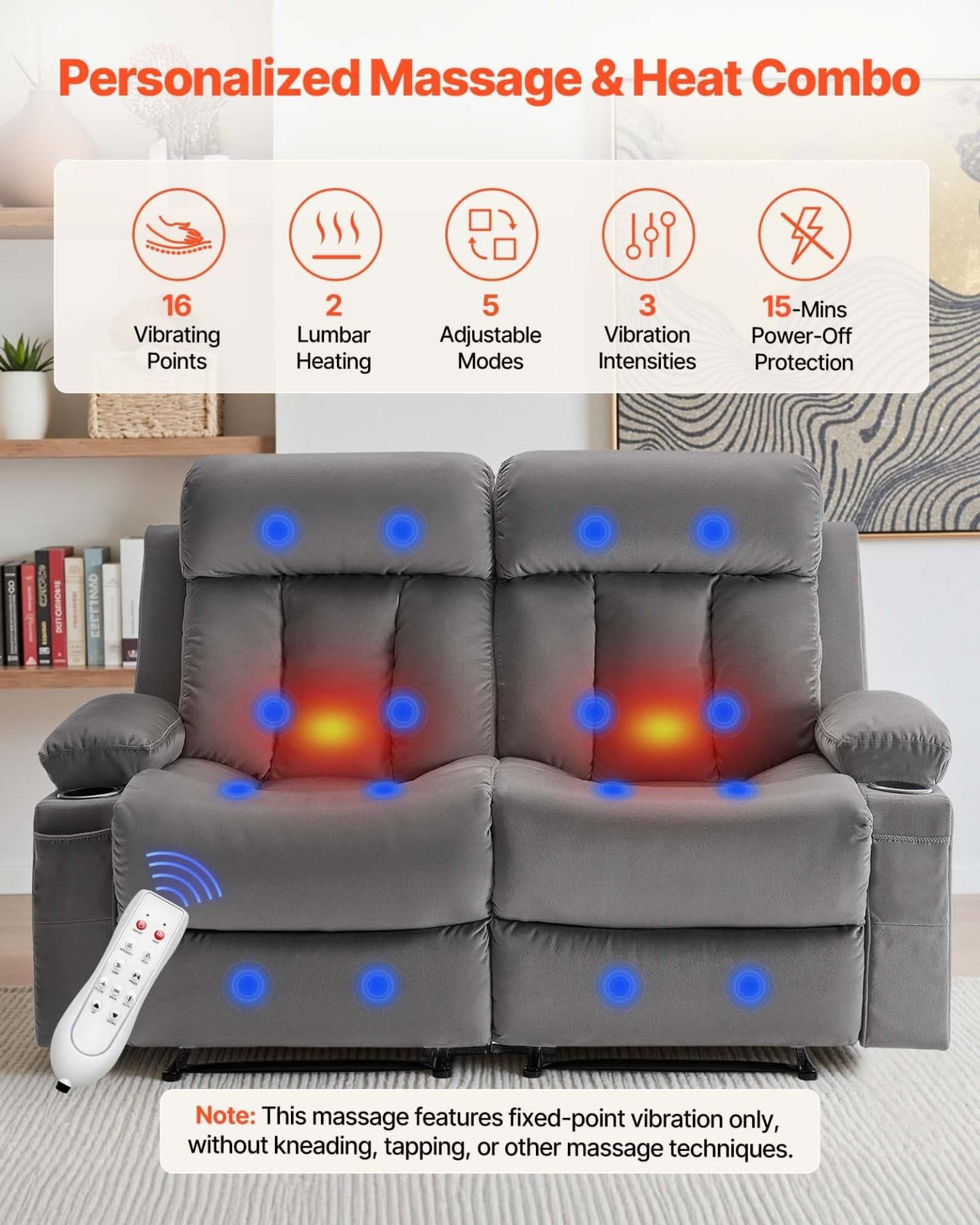 image-VEVOR Loveseat Recliner Sofa, Power Reclining Couch with Heating and Massage, Soft Velvet Electric Recliner Sofa with USB Ports, Cup Holders andSideBags, Dual Loveseat Chair for Living Room, Grey