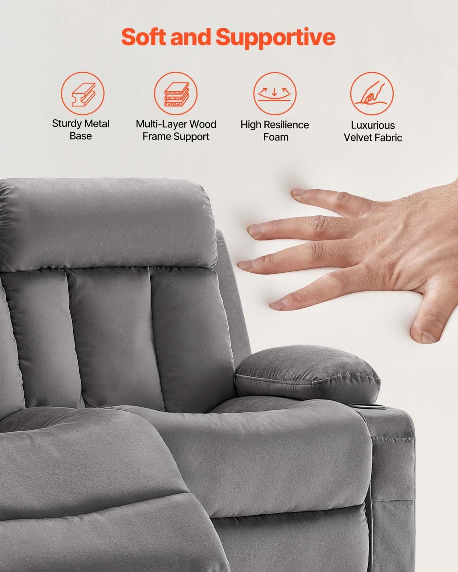 image-VEVOR Loveseat Recliner Sofa, Power Reclining Couch with Heating and Massage, Soft Velvet Electric Recliner Sofa with USB Ports, Cup Holders andSideBags, Dual Loveseat Chair for Living Room, Grey
