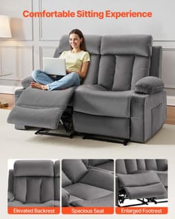 image-VEVOR Loveseat Recliner Sofa, Power Reclining Couch with Heating and Massage, Soft Velvet Electric Recliner Sofa with USB Ports, Cup Holders andSideBags, Dual Loveseat Chair for Living Room, Grey