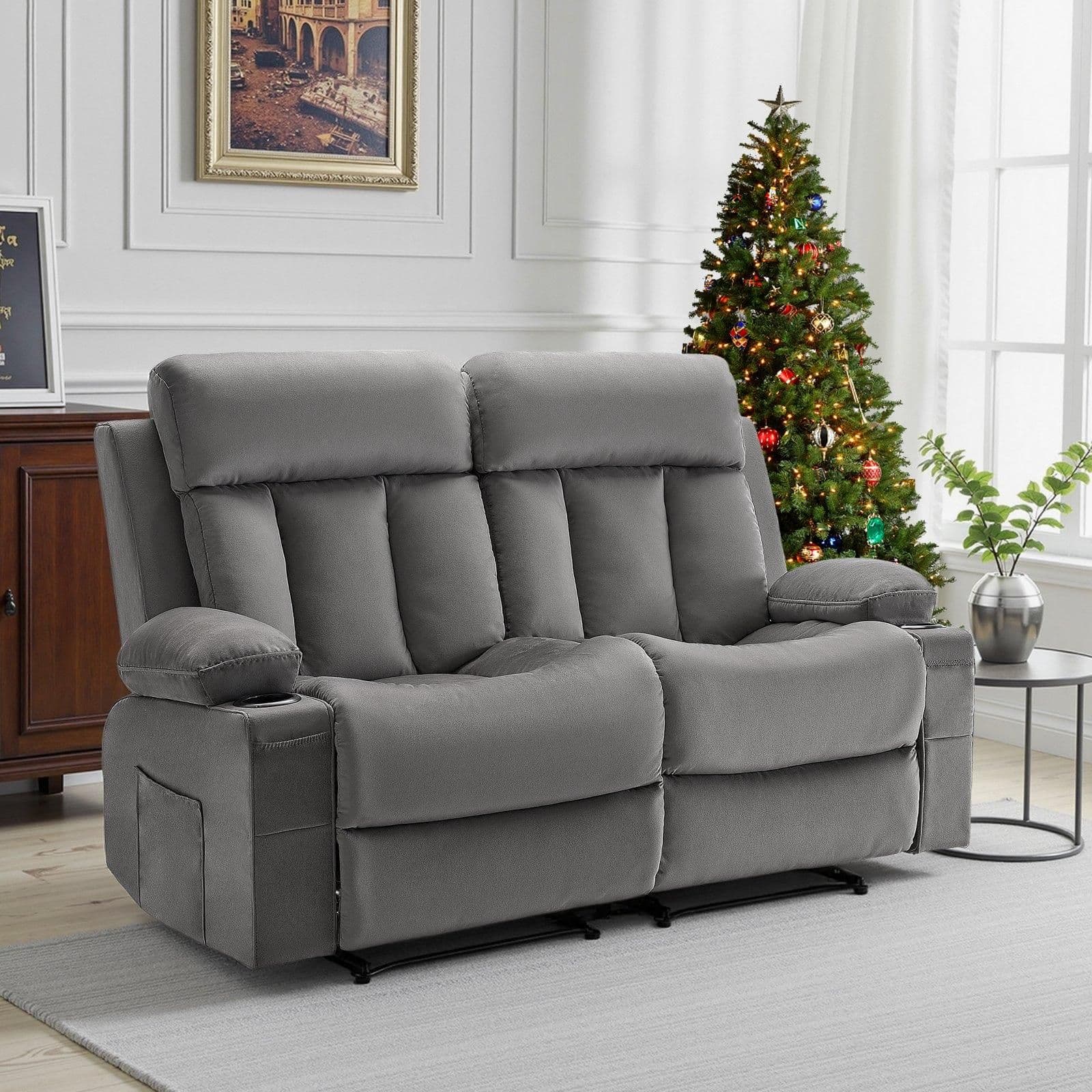 image-VEVOR Loveseat Recliner Sofa, Power Reclining Couch with Heating and Massage, Soft Velvet Electric Recliner Sofa with USB Ports, Cup Holders andSideBags, Dual Loveseat Chair for Living Room, Grey