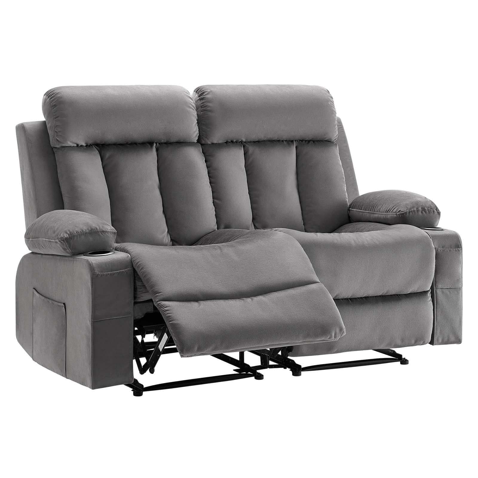 image-VEVOR Loveseat Recliner Sofa, Power Reclining Couch with Heating and Massage, Soft Velvet Electric Recliner Sofa with USB Ports, Cup Holders andSideBags, Dual Loveseat Chair for Living Room, Grey