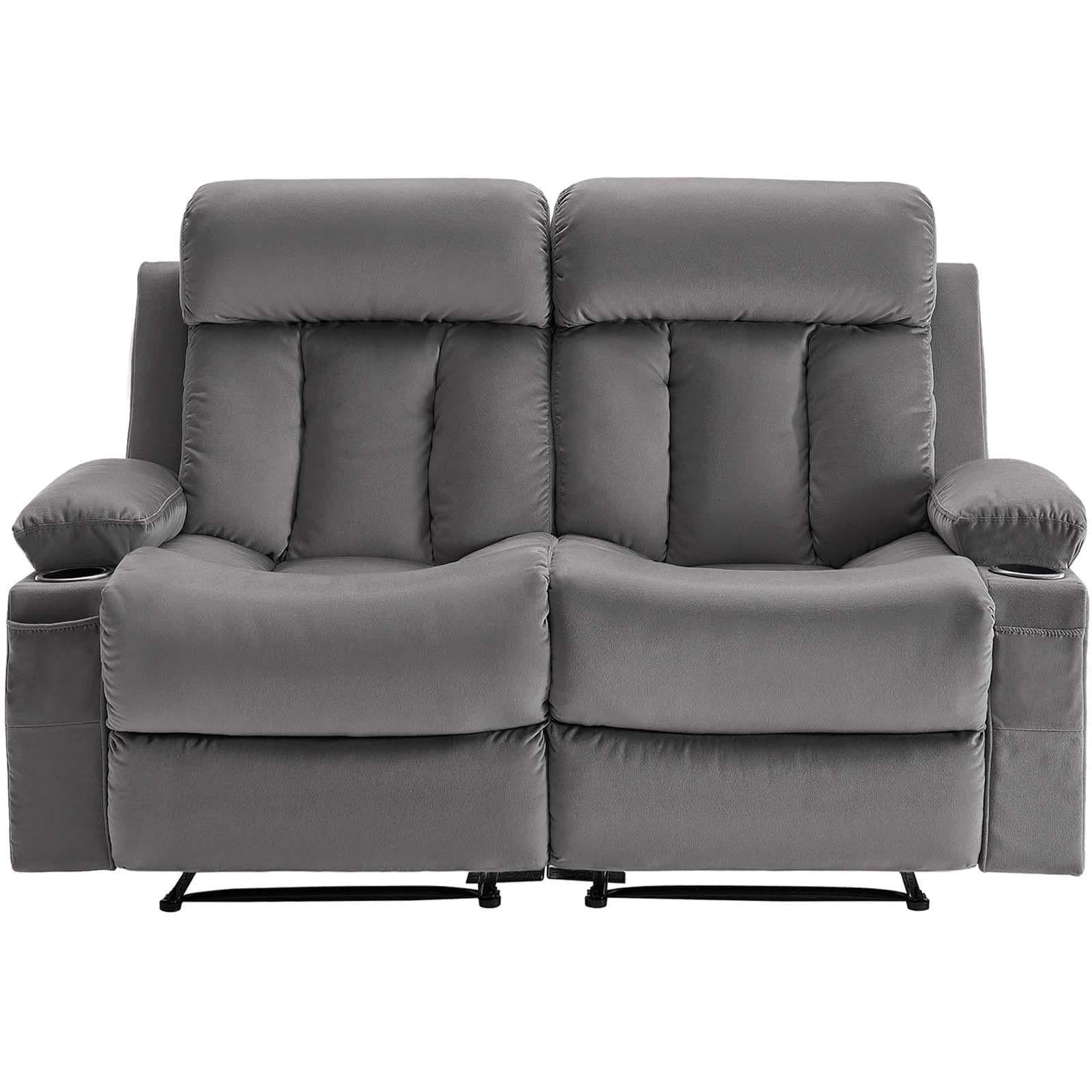 image-VEVOR Loveseat Recliner Sofa, Power Reclining Couch with Heating and Massage, Soft Velvet Electric Recliner Sofa with USB Ports, Cup Holders andSideBags, Dual Loveseat Chair for Living Room, Grey