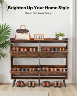 image-VEVOR Shoe Cabinet with 4 Flip Drawers, Farmhouse Shoes Storage Cabinet with Wood Legs and Anti-Tipping Device, Freestanding Shoe Organizer Ideal for Entryway, Hallway, Bedroom, Living Room, Brown