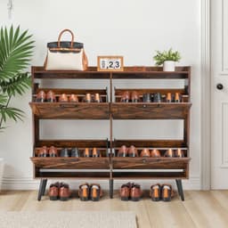 image-VEVOR Shoe Cabinet with 4 Flip Drawers, Farmhouse Shoes Storage Cabinet with Wood Legs and Anti-Tipping Device, Freestanding Shoe Organizer Ideal for Entryway, Hallway, Bedroom, Living Room, Brown