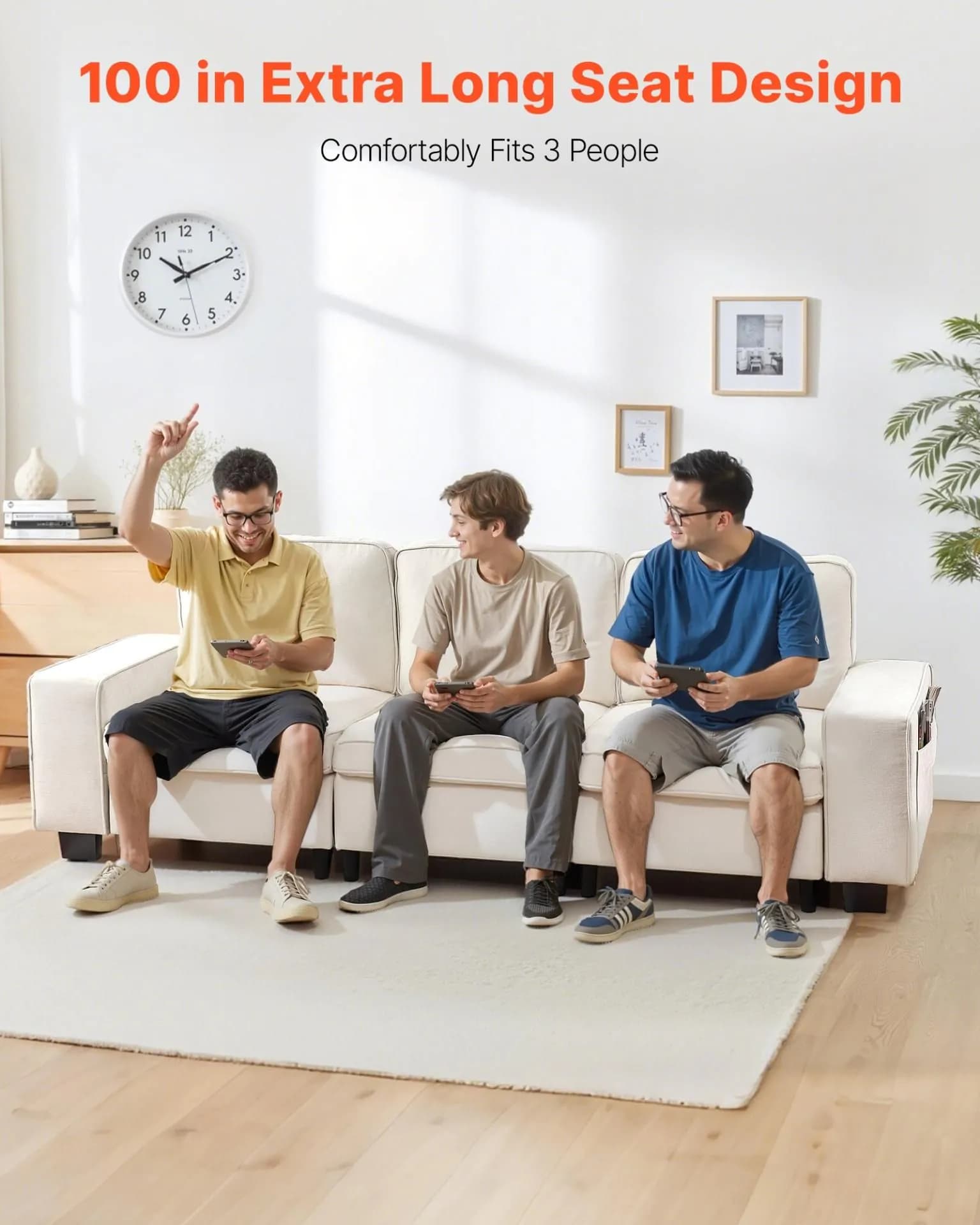 image-VEVOR 100-Inch Modular 3-Seater Sofa – Comfy Couch with Deep Seats & Hidden Storage, Modern Design for Living Room, Apartment, or Office, White